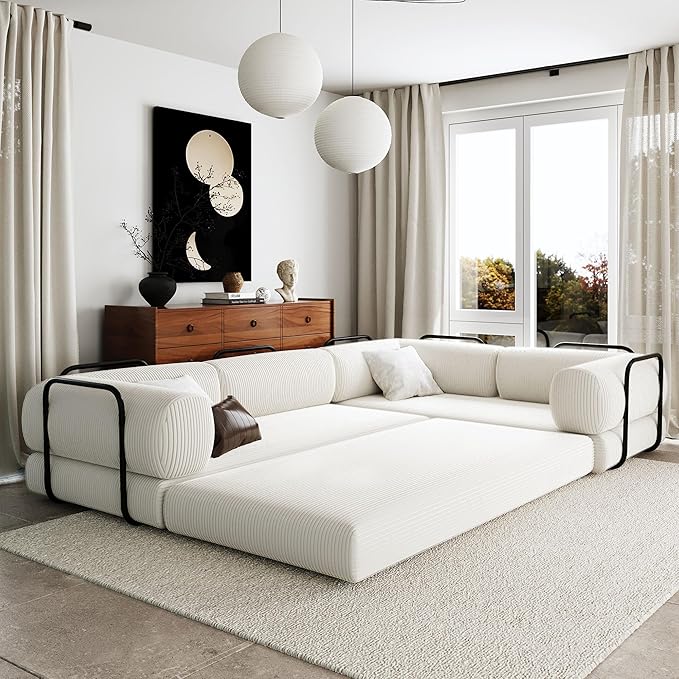 115''W Modular Sofa Bed in Corduroy Fabric L Shaped Sectional Couches Modern Upholstered Couches with Iron Frame Support 4 Independent Mattresses 3 Wedge Cushions and 1 Flat Cushion (Beige/22)