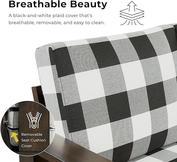 Furniture of America Gavik Modern Solid Wood Arm Chair with Plaid Removable Cushions Black and White Upholstery Fabric Comfortable Upholstered Seating for Living Room Guest Room Dark Walnut