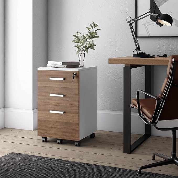 Modern Design Lazio File Cabinet Filing Cabinets for Home Office Drawers for Under Desk Locking 3 Drawer Rolling Filing Cabinet with Lock Walnut and White by Crafts and Comfort
