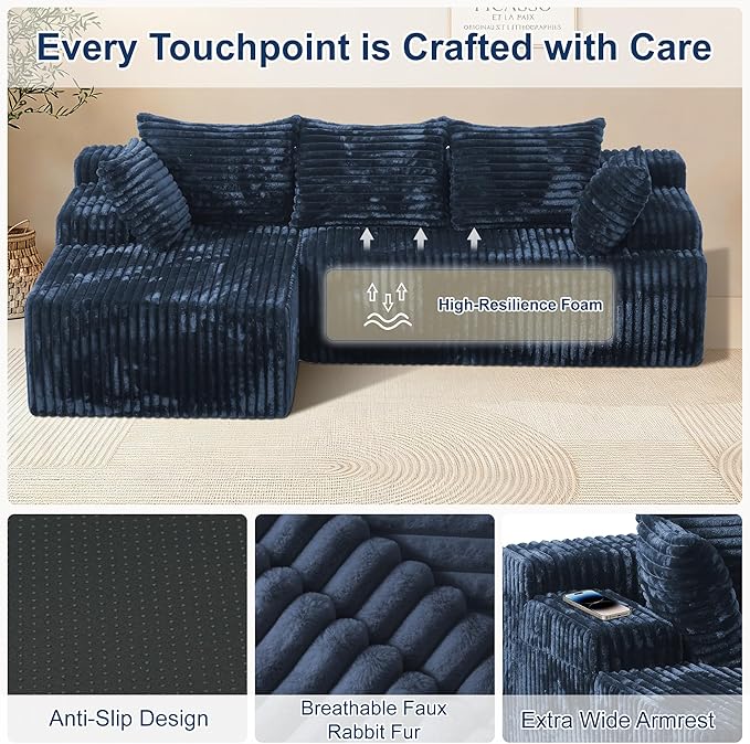 Redlife 95 L-Shaped Modular Sectional Sofa Faux Rabbit Fur Modular Floor Couch with Chaise High-Density 30D Foam Sponge No Assembly Required 5 Pillows Compressed for Living Room (Blue)