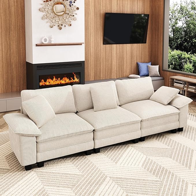 123 Cloud Modular Sectional Sofa 3-Seater w/Deep Seat &amp Removable Arms Plush Corduroy for Living Room - Beige