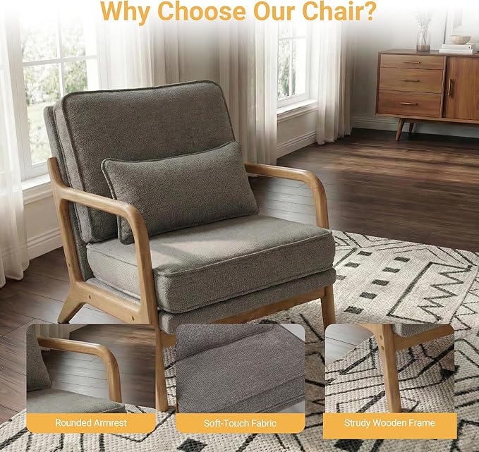 Modern Accent Chair Mid Century Wooden Upholstered Armchair with Lumbar Pillow &amp Removable Soft Cushion Reading Chair for Living Room Bedroom BalconyCoffee(Beige/Blue/Green/Grey)