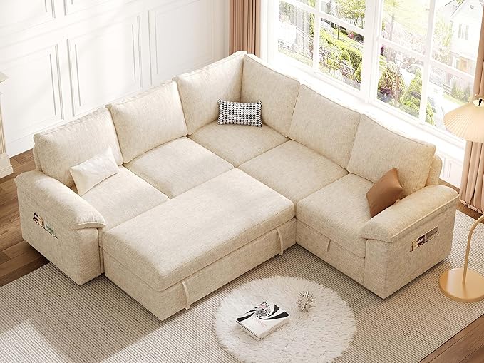 85 Inch Modular Sectional Sofa with Pull Out Bed L Shaped 5 Seat Sectional Sleeper Sofa with Storage Sectional Couches for Living Room Cloud Modular Couch Removable Sofa Cover Beige