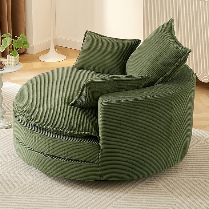 360° Swivel Accent Chair 57.5 Round Barrel Chair with Dual-Layer Cushion &amp 3 Removable Pillows for Living Room Bedroom Office Hotel Green
