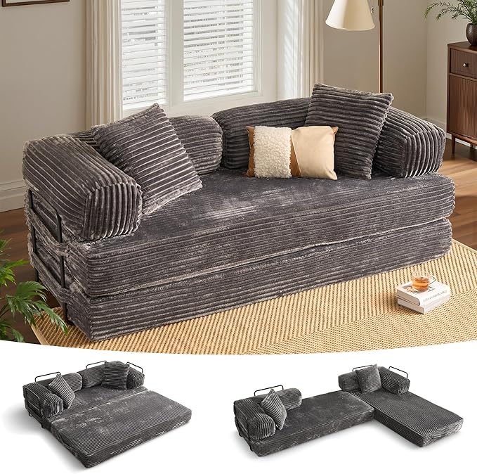 ovios 81 Folding Sofa Bed Foldable Sleeper Boneless Couch with Pull Out Beds Modular Convertible Floor Futon Loveseat Lounger for Living Room (Faux Fur Grey)