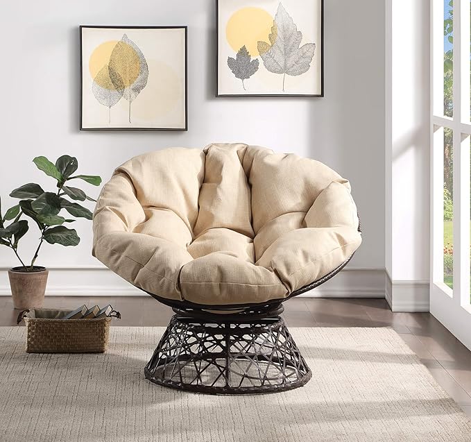 OSP Home Furnishings Wicker Papasan Chair with 360-Degree Swivel Brown Frame with Cream Cushion