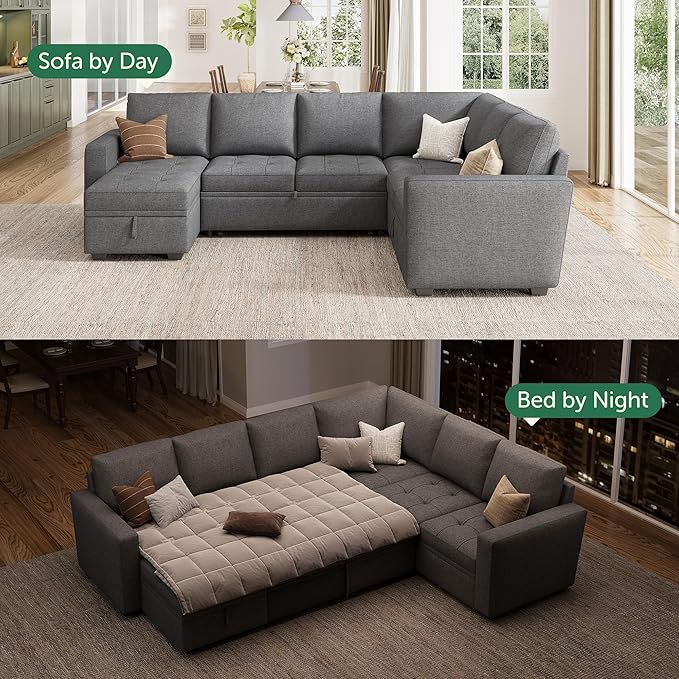 HONBAY Modular Sectional Couch with Pull Out Bed Sleeper Sofa with Storage U Shaped Modular Sectional Couches for Living RoomMid Grey