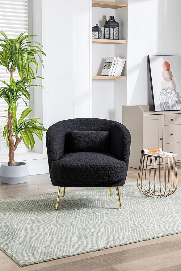 30.32 W Accent Chair Upholstered Curved Backrest Reading Chair Single Sofa Leisure Club Chair with Golden Adjustable Legs for Living Room Bedroom Dorm Room (Black Boucle)