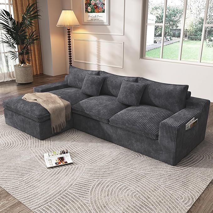 108 Cloud Modular Sectional Couch with Deep Seat L-Shape Boneless Sofa with Oversized Chaise Comfy Fluffy Couches for Living Room Convertible Layered Cushions Plush Corduroy Dark Grey