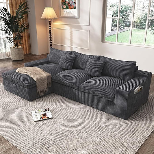 108 Cloud Modular Sectional Couch with Deep Seat L-Shape Boneless Sofa with Oversized Chaise Comfy Fluffy Couches for Living Room Convertible Layered Cushions Plush Corduroy Dark Grey