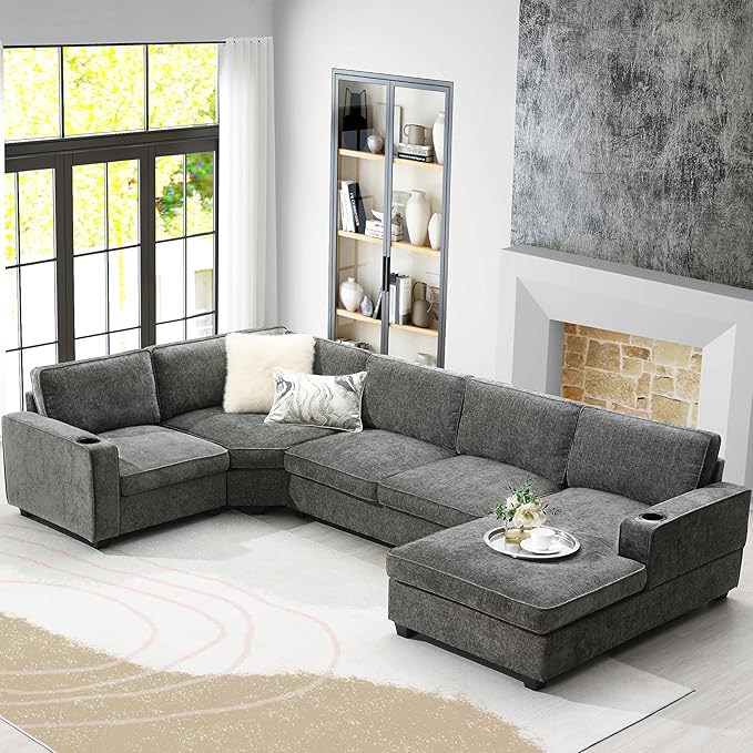 119 * 67 U Shaped Sectional Sofa6 Seat Chenille Corner Couch Set with Oversized Chaise LoungeIrregular Corner Deep and Wide Seat Comfy Sofa with Cup Holders for Living RoomApartment (Gray-V33)