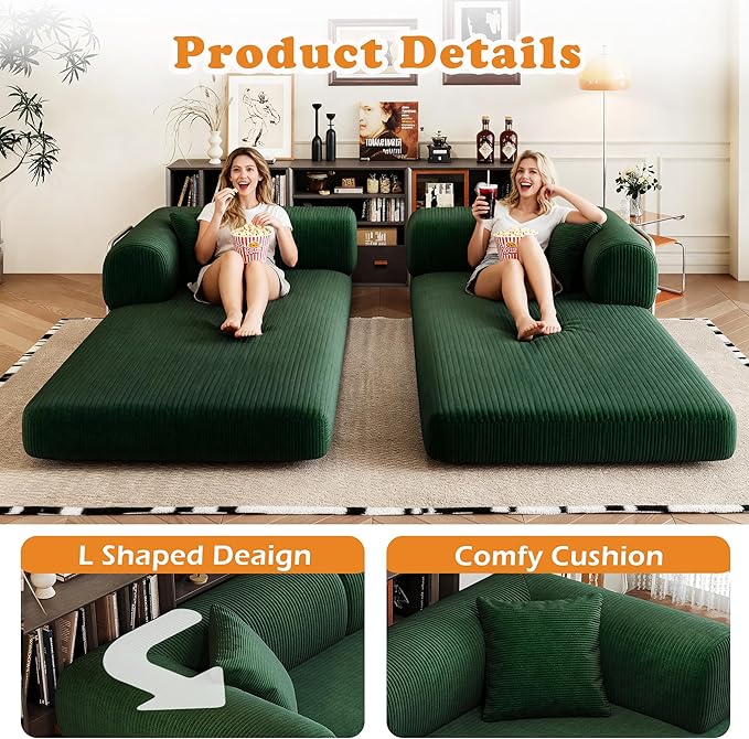 4-in-1 Corduroy Convertible Sleeper Sofa Bed 78.8 Boneless Couch with Pull-Out Bed No Assembly Required Futon Loveseat Floor Mattress with Stainless Fixed-Shape Frame for Living Room (Green) | Clo
