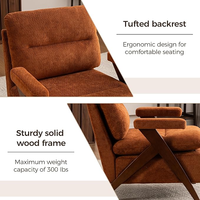 Mid Century Modern Tufted Accent Chair - Sturdy Upholstered Solid Wood Armchair with Breathable Fabric High-Density Cushion Non-Slip Pads for Living Room Reading Room Bedroom Orange