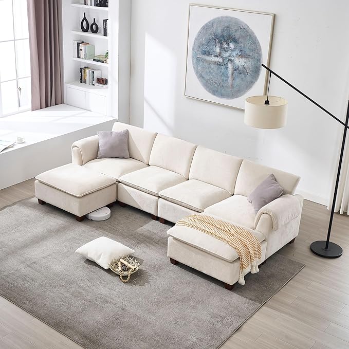 119 Inches Cloud Modular Sectional Sofa 4 Seater Chenille Fabric Couch Modern Convertible Comfortable Sofa Couch for Living Room White