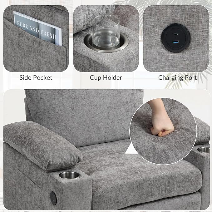 58'' Chaise Lounge Chair Indoor Cloud Arm Chair with Ottoman Set Oversized Accent Chair with Ottoman Reading Chair with Cup Holders &amp USB Charging Ports for Living Room Bedroom (Grey)