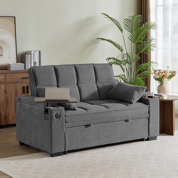Eafurn Convertible Sleeper Sofa Bed with 360° Swivel Table &amp USB Ports Tufted Chenille Loveseat Pull-Out Couch with Storage Armrest &amp Cup Holders 6-Level Adjustable Backrest