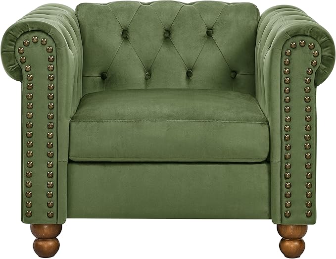 Velvet Chesterfield Chair Club Chair Tufted Single Sofa Couch for Living Room Accent Armchair with Nailhead Trim Green