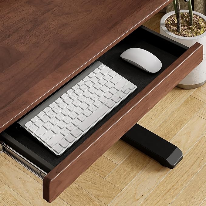 ONBRILL Standing Desk with Drawer 55x23.6 Inches Solid Wood Desktop Stand Up Desk with Whole-Piece Board and Storage Shelf Adjustable Height from 28-46 Inches for Home &amp Office Black Walnut