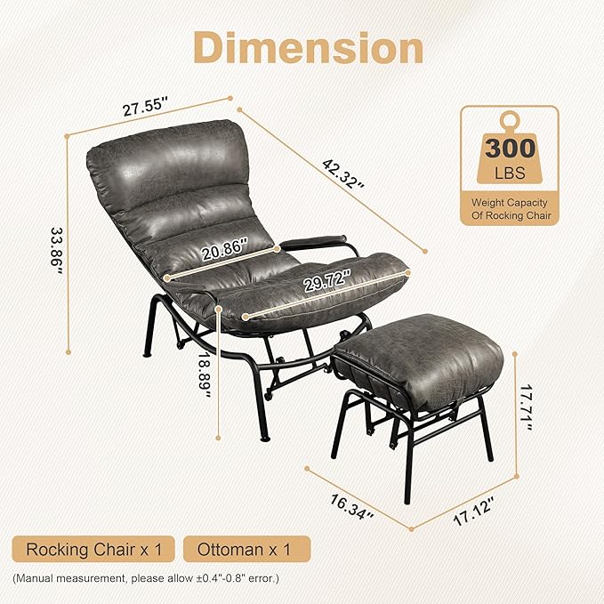 ovios Rocking Chair with Ottoman Glider Recliner with Footrest Lazy Accent Armchair with Comfy Cushion for Living Room Bedroom Office Suede Leather Grey