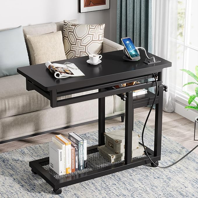Tribesigns Small Portable Desk with Power Outlet Height Adjustable Sofa Couch Bedside Laptop Table with Wheels Mobile Standing Desk Rolling Computer Cart C Side Table with USB Ports