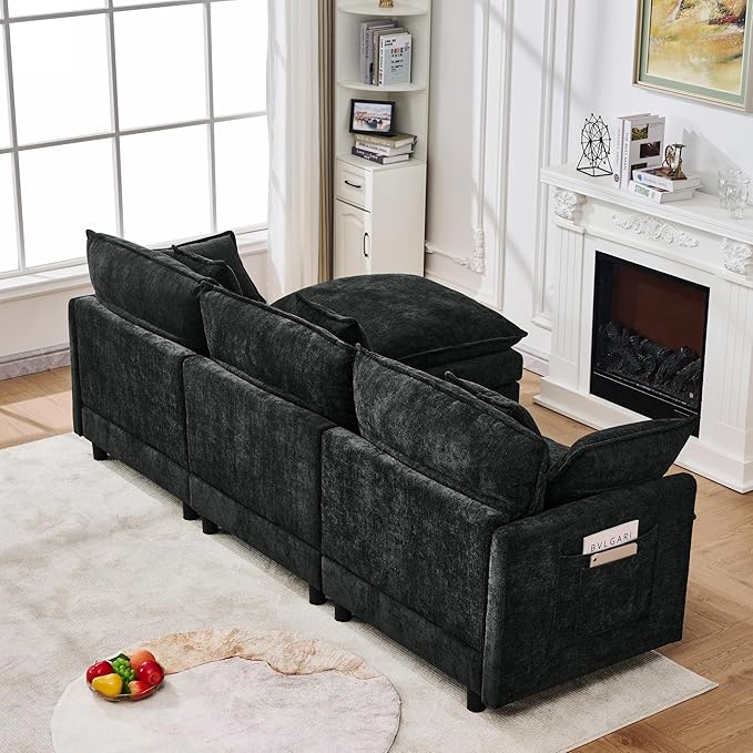 KEIKI 101.9 Modular Sectional Sofa with Movable Ottoman 3 Seat Modern Sofa Set L-Shape Sectional Couches for Living Room Apartment Black