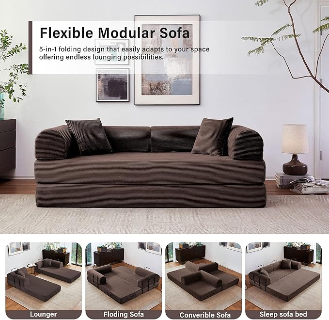 79 5-in-1 Folding Convertible Sofa Bed Oversized Corduroy Futon Floor Couch with Pull-Out Sleeper Modular Boneless Loveseat for Small Spaces Living Room Bedroom (Brown)
