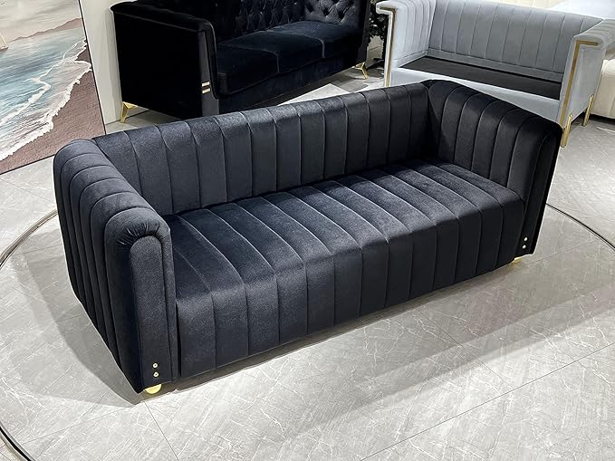Emerald Green Velvet Couch 80 Inch Wide Mid-Century Modern Sofa Velvet Tufted Upholstered Velvet Sofa Love Seats Sofa with Golden Leg 3 Seat Sofa Big Comfy Couch Sofas for Livingroom (BlackA)