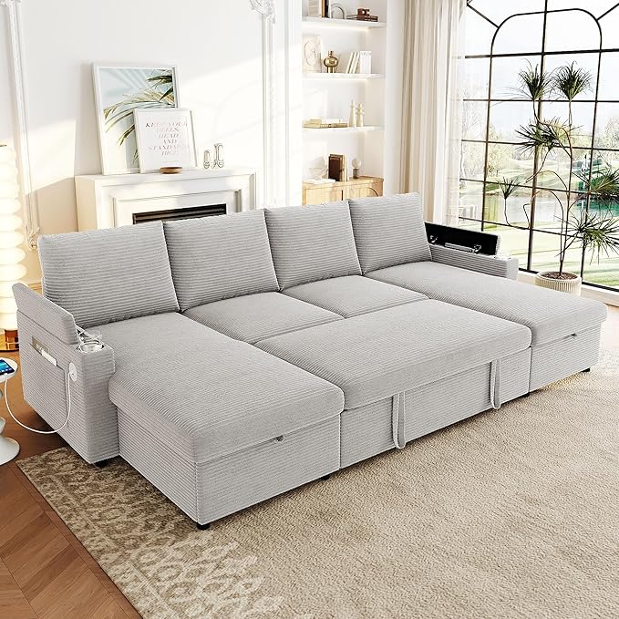 109.5 Sectional Sofa Convertible Pull-Out Sofa Bed with 2 Storage Chaise Lounges and Cup Holders Chenille Fabric U-Shaped Couch with Storage Boxes &amp USB Ports for Living Room (Grey-9.19)
