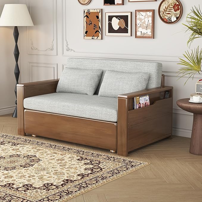 48full double size grey cushion convertible sofa sleeper with storagesectional sleeper sofa with reversible chaisewood sofa bed 3 in 1 pull out couch bed for livingroomapartmentbedroomoffice