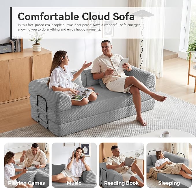 Convertible Sleeper Sofa Bed Sleeper Sofa with Pillow | Corduroy Fabric | High-Density Sponge | Fixed-Shape Frame Modular Sofa Bed for Living Room Lounge Studio (Light Grey)
