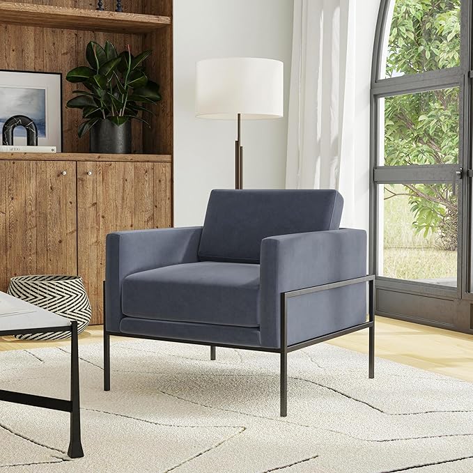 HomePop Modern Metal Frame Accent Chair|Homepop Home Décor|Accent Chairs for Living Room &amp Bedroom - Steel Blue Velvet
