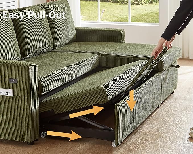 Vipbear 104 Sectional Sleeper Sofa Bed with Pull Out Bed U Shaped Couch Pull Out Couch with Reclining Backrest Reversible Storage Chaise USB Ports Tool-Free Assembly Corduroy Green