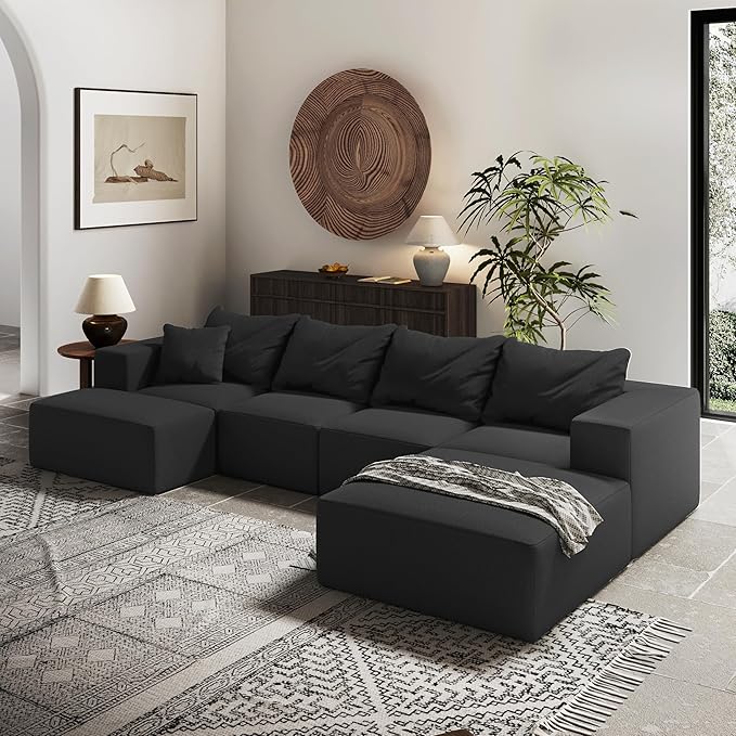 Yoglad 132 Modern L-Shape Sectional Upholstery Sofa 6 Seat Freedom Combination Living Room Sofa Comfy Deep Seat Floor Furniture with 6 Pillows for Living Room Office (Chenille Black)