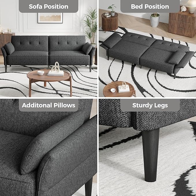 89” Futon Sofa BedComfy Futon Couch Bed with 2 Square PillowsConvertible Sleeper Sofa with Adjustable Backrest&amp Armrests Modern Loveseat Sleeper for Living Room Bedroom Linen Dark Gray