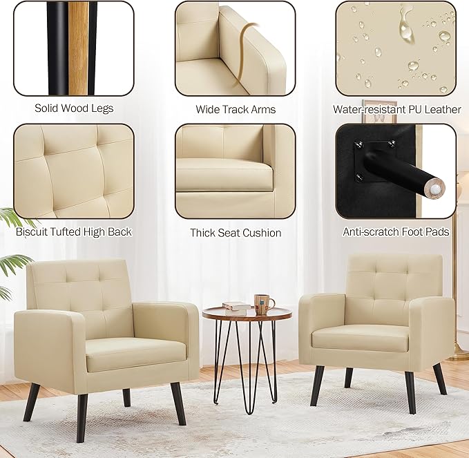 Topeakmart Mid Century Accent Chair Modern and Cozy PU Leather Barrel Sofa Chair with Thick Cushion and Sturdy Wood Legs for Living Room/Bed Room/Office Waiting Area Beige