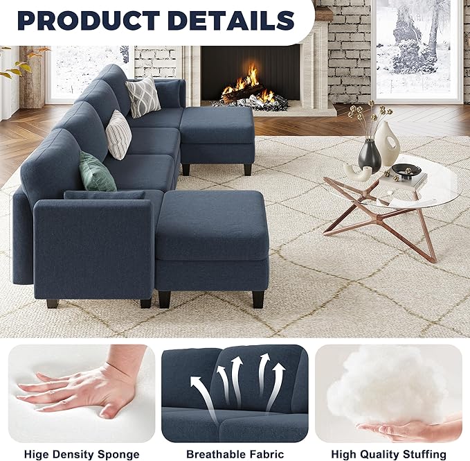 Modular Sectional Sofa 6 Seaters Modular Sleeper Sofa Couch Comfy Sectionals Couches Bed Convertible Sofas with Ottomans Sectional Couches for Living Room Blue