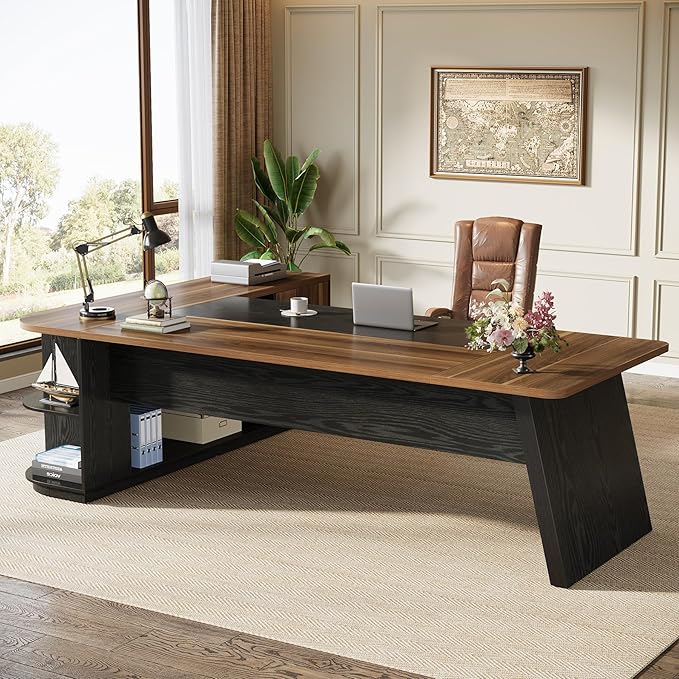 Tribesigns 79-Inch Executive Desk Large Office Desk with Cabinet L-Shaped Compter Desk with Storage Shelves Writing Table for Home Office Brown and Black