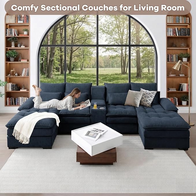130 U Shaped Cloud Couch Modular Sectional Sofa with Chaise Lounge Comfy Fluffy Cloud Sectional Couches for Living Room Modern Modular Sofa with Central Console (Blue)