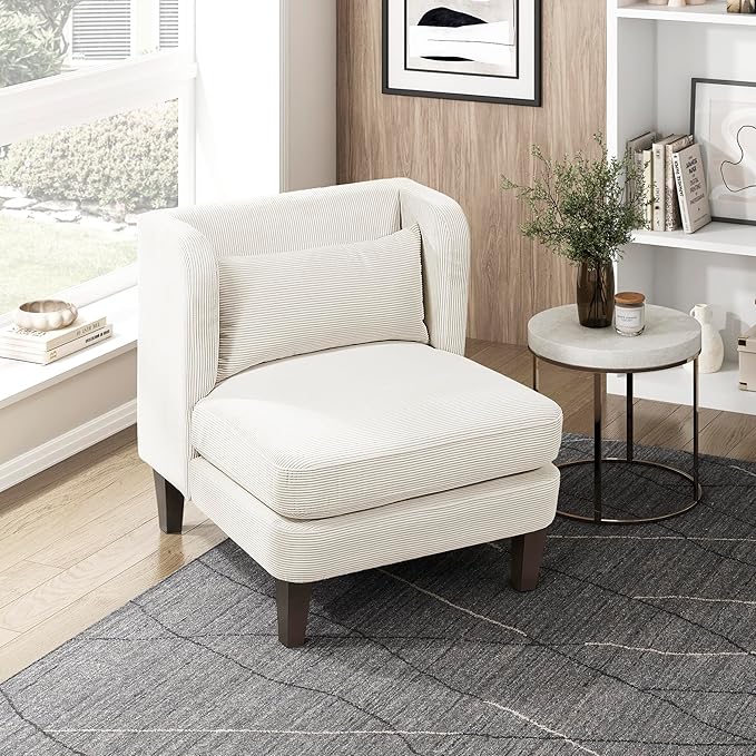 Lexicon Armless Living Room Accent Chair Corduroy Fabric Upholstered Single Sofa Chair with Pillow Solid Wood Legs Wing Back for Bedroom/Office/Waiting Area Beige