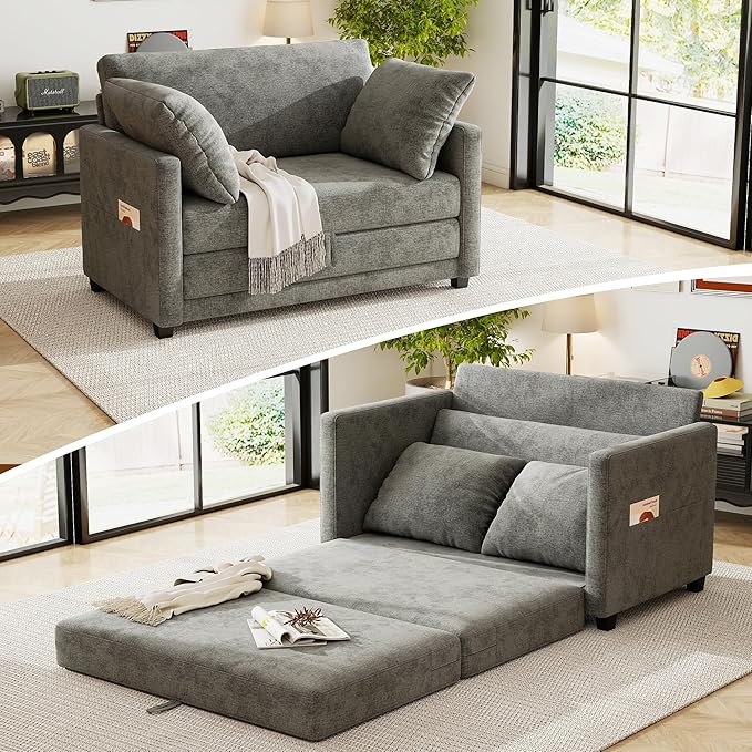 51 Loveseat Sleeper Sofa Bed Chenille Convertible Floor Sofa Bed for Small Spaces Folding Couch Bed with Deep Seat 2 Pillows &amp Solid Frame Pull Out Floor Couch for Living Room Grey