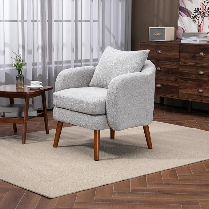 Mid Century Lounge Armchair with Boucle Fabric Solid Wood Legs and Comfortable Cushions Ideal for Bedroom and Living Room Reading and Relaxing (Gray)