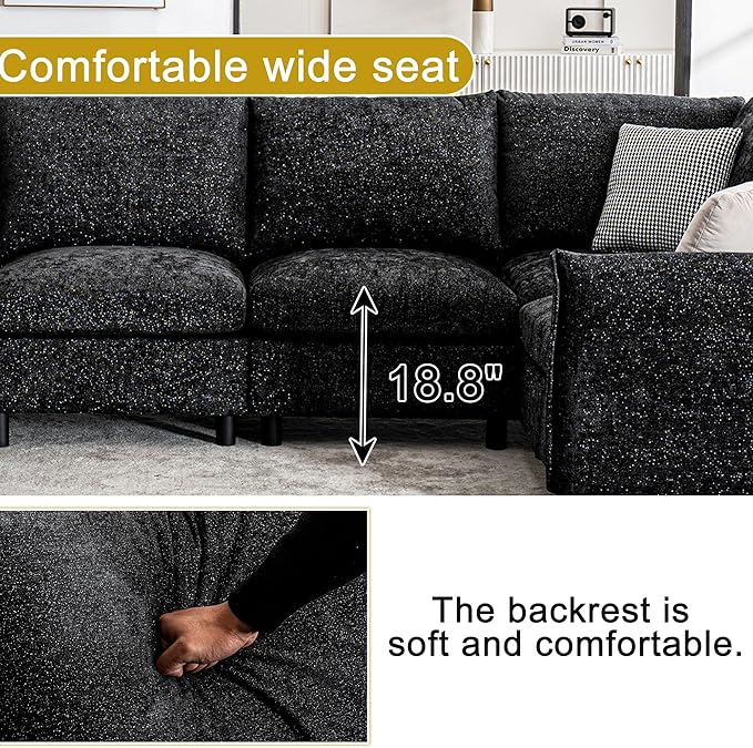 124.4 U Shaped Sectional Couches with Storage Ottoman 6 Seater Chenille Upholstered Modular Sectional Sofa Cloud Couch Sectional Sectional Couches for Living Room Bedroom &amp Apartment (Black)