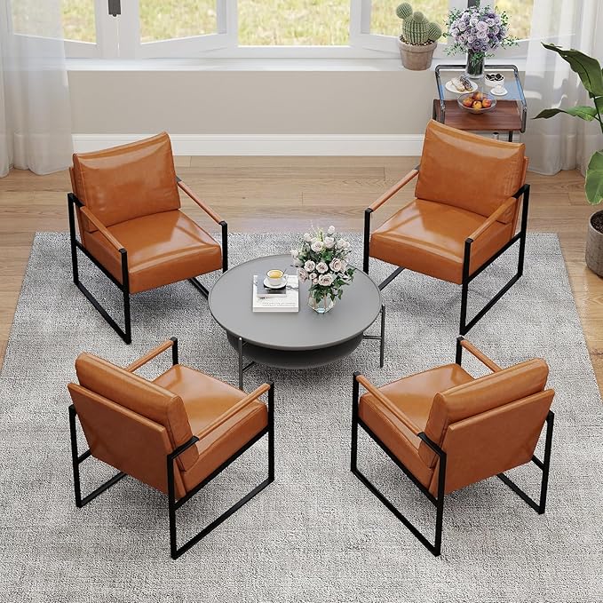 INZOY Accent Arm Chair with Metal Frame Set of 6 Comfy Living Room Chair with Plump Backrest and Cushion Mid Century Modern Chair with Sturdy Structure Easy to Clean Brown