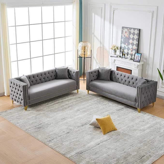DEINPPA 2 Piece Chesterfield Couch Sets Velvet 3 Seater Sofa Set with Throw Pillows Comfy Couch with Nailhead Trim and Metal Legs for Living Room/Apartment/Office-Grey