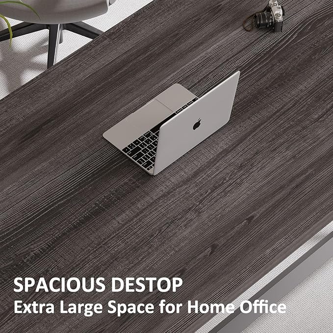 IBF 60 Inch Long Office Desk Modern Metal Wooden Grey Writing Study Computer Desk for Bedroom Farmhouse Big Simple Home Office Desks Executive Work Pc Table for Student Dark Gray Oak
