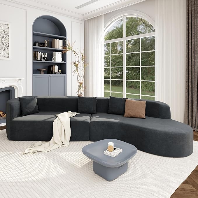 Merax Modern Minimalist Large 2-Piece Sectional Curved Chenille Sofa with 3 Pillows and High-Density Foam for Luxurious Comfort and Seamless for Living Room Bedroom Grey