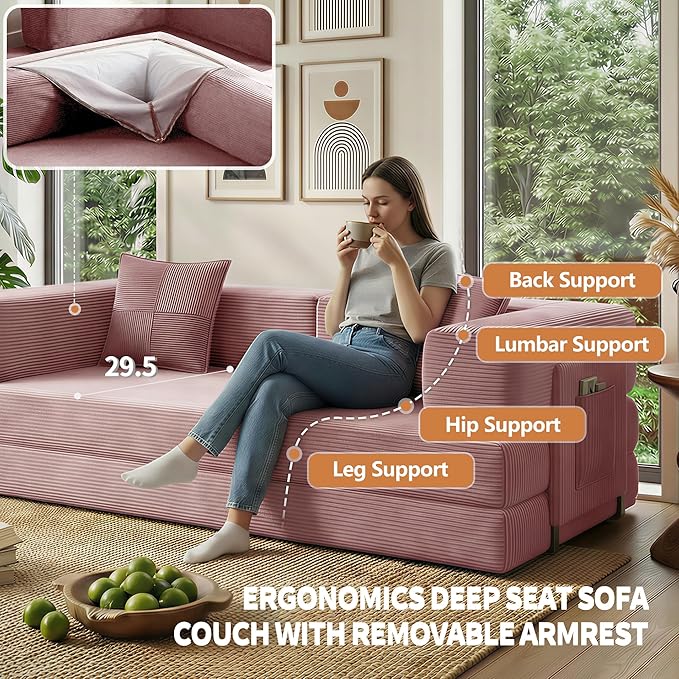 78.8 Convertible Sofa Bed with Armrest Pillow 4-in-1 Sleeper Couch Bed for Livingroom Modular Corduroy Boneless couches No Assembly (Pink)