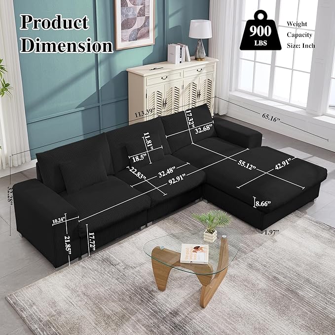 113 Inch Modular Sectional SofaModern l-Shaped Deep Seats Corduroy CouchSponge Couches with Chaise Lounge for Living Room Or Bedroom (Black)