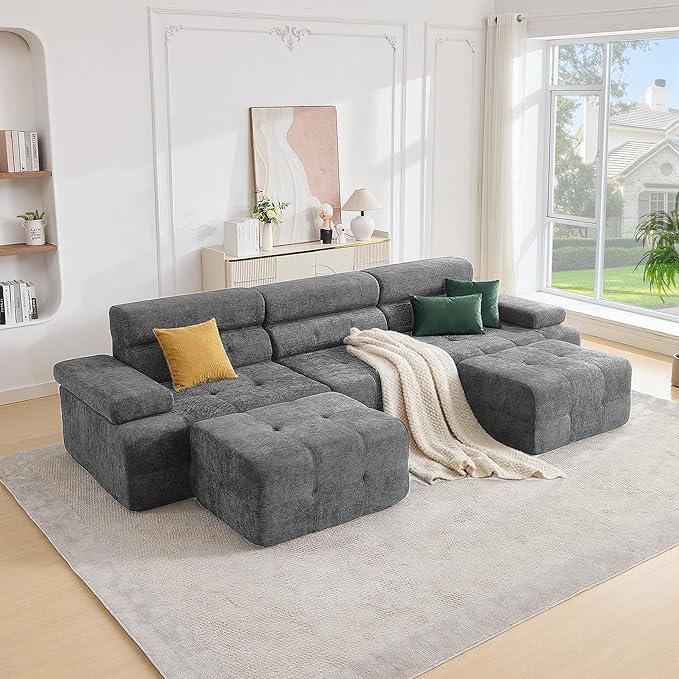 STHOUYN 134 Boneless Couch with Ottoman &amp Higher Backrest Modular Sectional Sofa for Living Room Corner Cloud U Shaped Couch (Grey 134 Inches)