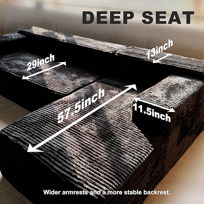 106'' Cloud Sectional Couch L-Shape Couch with Deep Seat Sectional Sofa Living Room Sofa No Assembly Required Black Right Chaise Corduroy Fabric